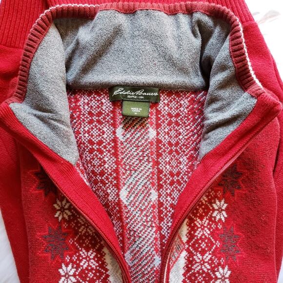 Eddie Bauer Vintage Red Snowflake Fair isle Zip Front Cardigan Sweater Ski - Picture 4 of 14